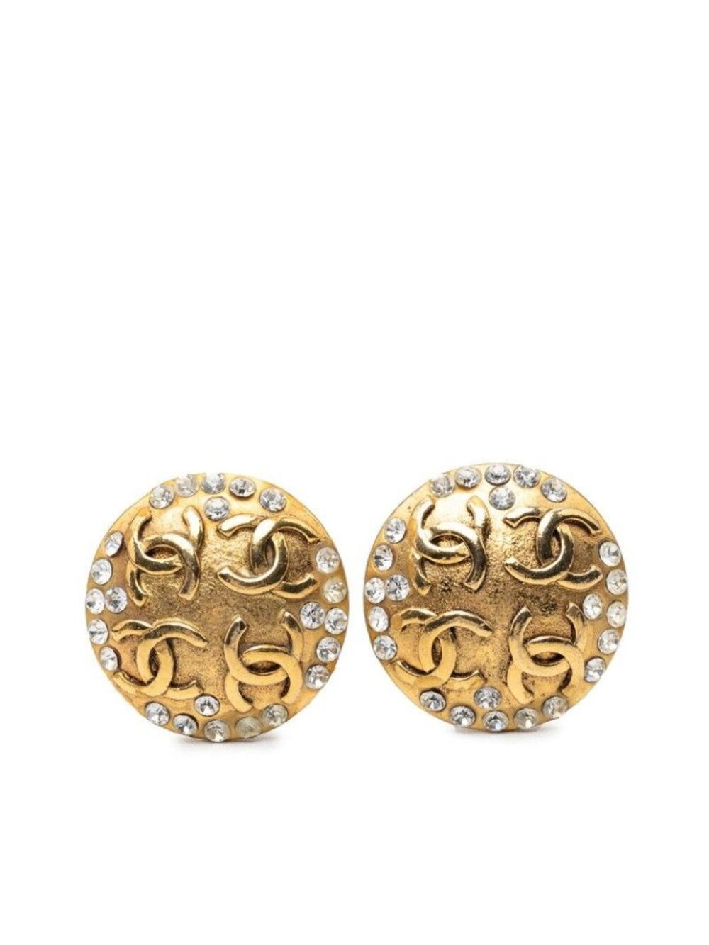 Chanel Cc Logo Vintage Earrings 23 Gold Plated Rhinestone